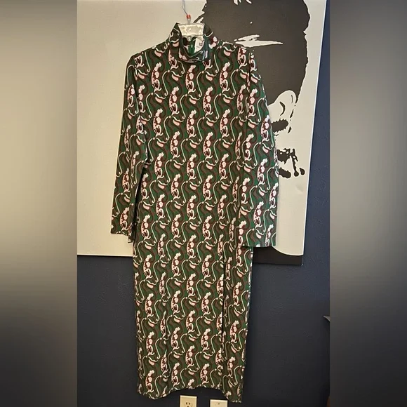 ZARA Green Paisley A-Line Dress With Mock Turtleneck- Sexy Side Slit- Size L NWT - Picture 1 of 5